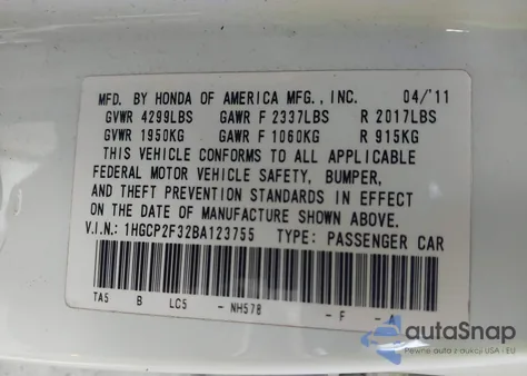 2011 Honda Accord 2.4 Lx из США, поврежденный, VIN 1HGCP2F32BA123755